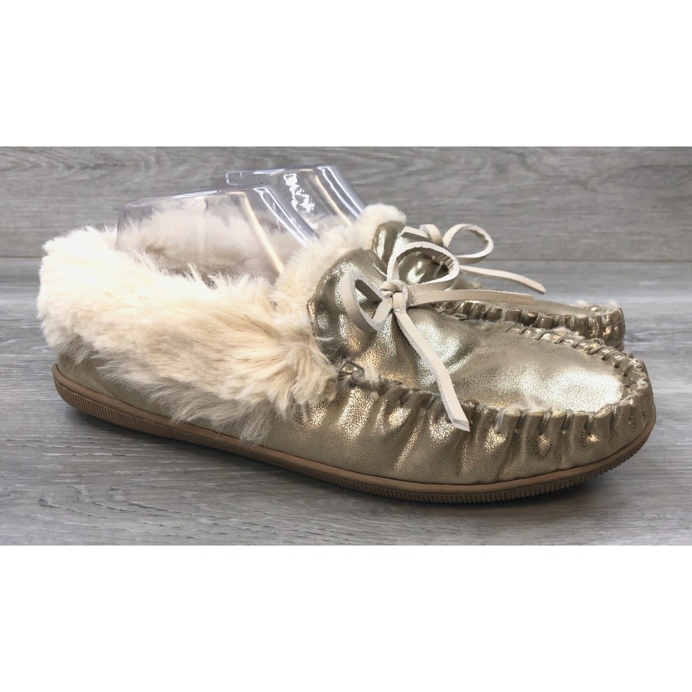 J. Crew Women's Gold Faux Leather Lined Slippers 9‎ Slip On Fur Shoes
